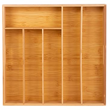 Novel Solutions 6 Compartments Bamboo Cutlery Holder Tray Kitchen Utensil Silverware Drawer Organizer Dividers with 2 handles, Brown, large, DS-5949