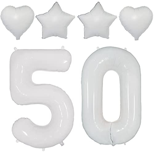 2 Luftballons Zahl 50 Weiß,40Nummer 50 Luftballon Weiß frau +Stern/herz Folienballon,Helium ballons 50. Geburtstag deko frau mann Folienballon 50 jahre Geburtstag dekoration frauen(50)