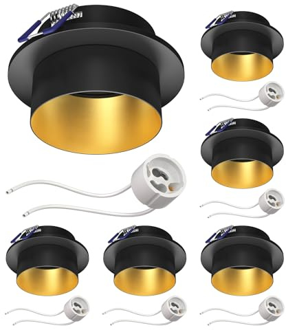 ledscom.de 6x Deckeneinbaurahmen KRON, rund, schwarz/gold matt (GU10/MR16/GU5,3/50mm) inkl. GU10 Fassung
