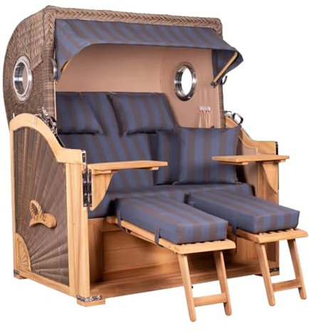MR. DEKO Strandkorb Baltikum Teakholz XL Volllieger Strandstuhl PE Geflecht Grey Teak Bullauge anthrazit inkl. 4 Kissen - Wechselpolster - Strandkörbe Garten, Wintergarten, Terrasse (Dessin 582)