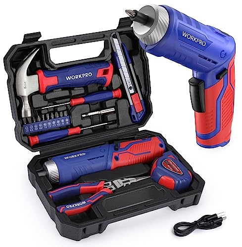 WORKPRO Caisse à Outils Bleu 18 Pièces avec Tournevis Electrique 3,7 V, Trousse à Outils avec Boîte de Rangement, Mallette à Outils pour Usage Domestique ou Petits Travaux