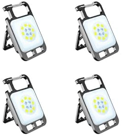 Lot de 4 mini porte-clés COB - Lampe de travail LED - Lampe portable - Rechargeable par USB - Décapsuleur multifonction - Lampe de poche d'urgence - 800 lumens - Avec support pliable - Base magnétique