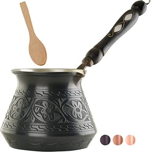 BCS Cafetera turca árabe griega de cobre de 510.3 g con mango de madera (6 porciones) Cafetera Cezve Briki Ibrik para estufa (incluye cuchara de madera)