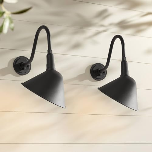 Franklin Iron Works Neihart Rustic Farmhouse Outdoor Wall Light Fixtures Set of 2 Black Aluminum Gooseneck Arm Downlight 18 for Post Exterior Barn Deck House Porch Yard Patio Garage Garden Outside
