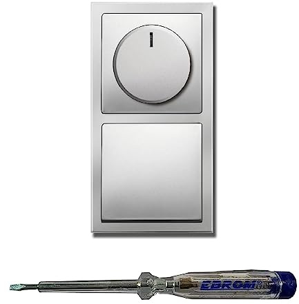 Busch Jäger 6523U-102 LED Drehdimmer Dimmer + Dimmerscheibe 6540-866-102 und Kreuzschalter 2000/7 US und 1786-866 in PUR EDELSTAHL inklusive EBROM Phasenprüfer zur Montage der Geräte (6523 U – 102)