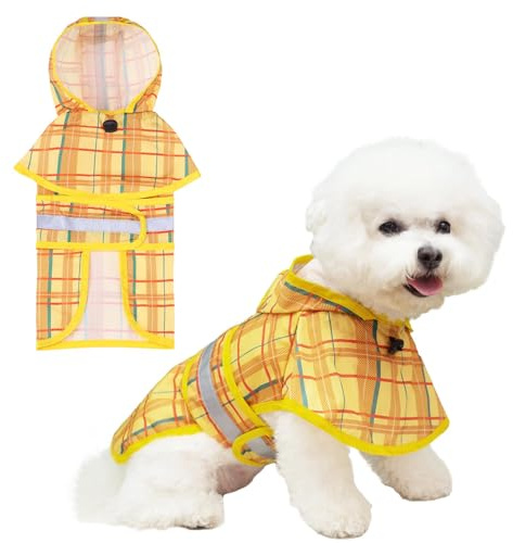 KOOLTAIL Regenmantel mit Kapuze und Loch für die Leine für kleine, mittelgroße Hunde, wasserdichte Regenjacke mit reflektierenden Streifen, verstellbar, atmungsaktiv, kariert, Welpen-Regenbekleidung