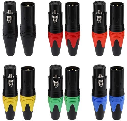 Greluma 6 Paar 3-polige XLR-Anschlüsse, 6-farbig gelötete XLR-Enden, männlich/weiblich Audio-Mikrofon-DMX-Stecker/Buchse, vergoldete Kupferkontakte
