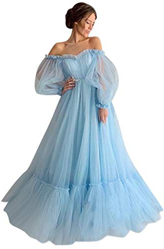 BOTCAM Abito da sposa da donna, tinta unita, con maniche a sbuffo, abito da sera, abito da damigella d'onore, in tulle, sexy, per il tempo libero, lungo, linea A-Line, Blu, S