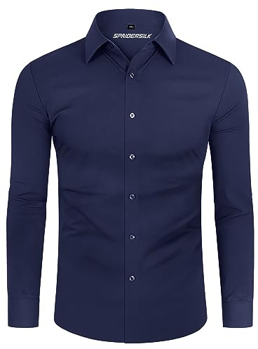 DEMEANOR Camicie da uomo elasticizzate a maniche lunghe con vestibilità muscolare formale camicie da uomo non stirate slim fit camicie casual da uomo, Marina Militare, L