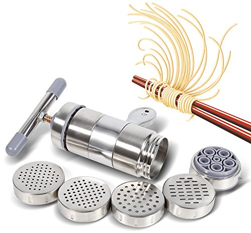 Máquina para Hacer Pasta, Máquina para Hacer Pasta, Prensa para Pasta, Prensa Manual para Pasta de Acero Inoxidable con 5 Cabezales de Molde para Fettuccine Fresco, Espagueti,