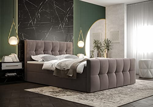 PAMIR24 Boxspringbett 140x200 mit Bettkasten und einem leichten Öffnungsmechanismus ausgestattet Bonell-Feder Matratzen und T30-Schaum Doppelbett mit Matratze und Topper Matratzenhärtegrad - H3 Braun