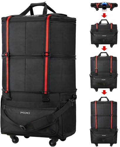 mixi Travel Bag with Wheels Expandable Foldable Luggage Bag Collapsible Rolling Travel Bag Duffel Bag Large Capacity Suitcase for Men Women, Black