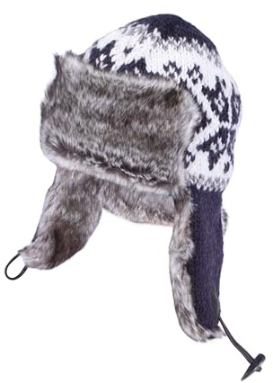 Pachamama Herren Trappermütze aus Wolle, mit Pelz gefüttert, Ohrenklappen, handgestrickt, Anthrazit, Schneeflocke, Einheitsgröße, handgefertigt, extra warm, Fair Trade, anthrazit, Einheitsgröße