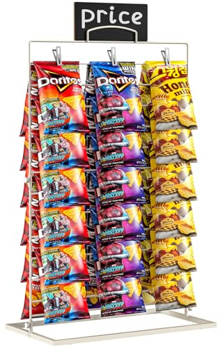 TJ.MOREE Chip Rack Display Stand, 3-Row 60 Clips Countertop Snack Hanger, White Metal