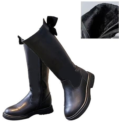 QIeAny Bottes D'équitation pour Fille (27-37), Doublure en Peluche, Fermeture Éclair Latérale/Noeud Papillon, Tube Central, Semelle en Caoutchouc, Facile À Mettre Et À Enlever, pour l'hiver,37,Black