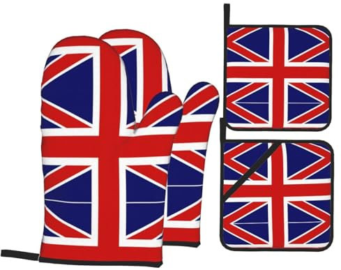 Ofenhandschuhe und Topflappen mit englischer Flagge, Grillhandschuhe, Ofenhandschuhe, Geschenk zum Kochen, Backen, 4-teiliges Set