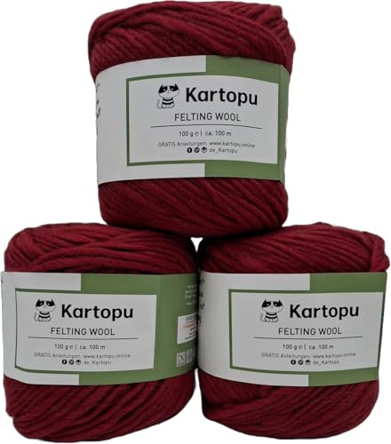 Filzwolle – große Farbauswahl – 3x100gr (300gr) – harmonisches Strickbild - 100% reine Schurwolle – Ökotexzertifiziert - hochwertige Wolle zum Filzen – Lauflänge per 100gr ca. 100m (1133 rot)
