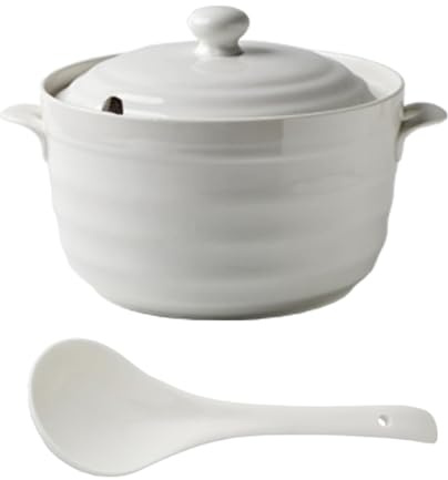 Sopera de cerámica con tapa Sopera de sopa de porcelana blanca Sopera redonda de cerámica Tazón de cerámica para restaurante Decoración de la cocina del hogar Apto para microondas y lavavajillas