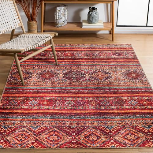 NETLINE HOME Teppich Wohnzimmer - Waschbarer - Teppich Rutsch Stop - rutschfeste Teppiche Aus Baumwolle Gewebt - Vintage Boho Teppich Für, Schlafzimmer Küche Flur Und Salon (ROT, 200X290)