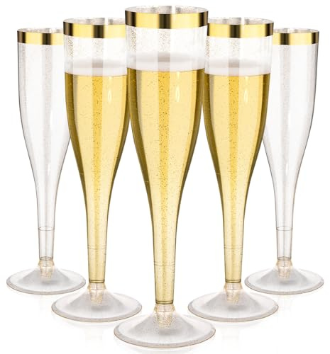 Goodluck 36 Pack 6.5 oz Plastic Gold Glitter Champagne Flutes with Gold Rim, Disposable Champagne Toasting Glasses for Wedding, Engagement, Party, Mimosa Bar