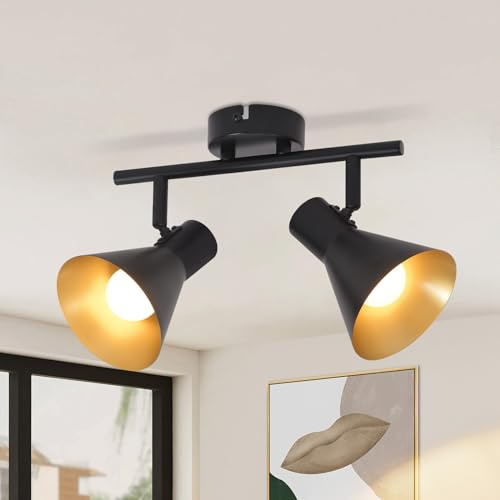 ZMH Deckenstrahler Küche Deckenlampe Vintage - 2 Flammig Küchenlampe Deckenspots Schwarz Gold E14 Flur Deckenleuchte Schwenkbar Industrial Flurlampe Retro Strahler Metall für Flur Küche Wohnzimmer