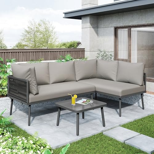 HOXINBLY Gartenmöbel Set Lounge Möbel Outdoor, L-förmiges Gartenmöbel-Set mit 2 Sofas und 1 Tisch, Balkonmöbel Gartensofa aus Eisen und grauem Seil mit Sitzkissen verstellbaren Füßen, Grey