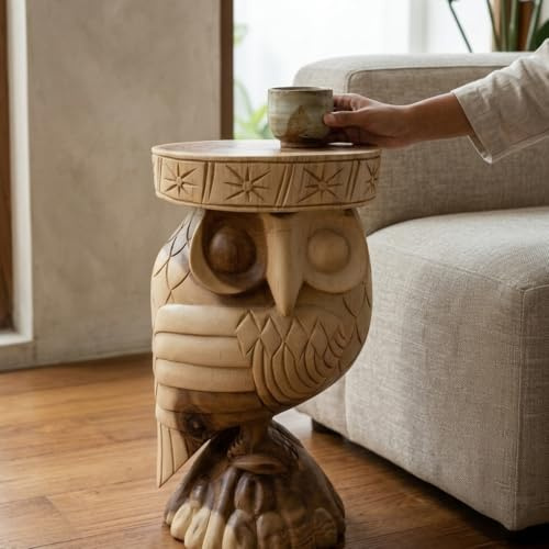 Kinaree Mesa auxiliar NOK HUUK Búho de madera maciza de Suar – Mesita de noche tallada a mano o soporte para flores en diseño asiático, madera natural única de Indonesia (natural)