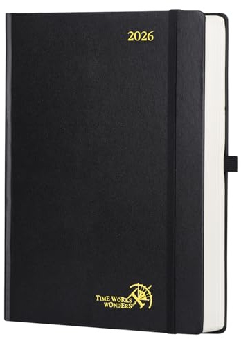 POPRUN Kalender 2026 Tagesplaner Hardcover 30,5 x 22 cm, Tageskalender A4 1 Tag 1 Seite (Montag - Sonntag), Terminplaner (Jan.2026-Dez.2026) mit Stiftschlaufe - Schwarz