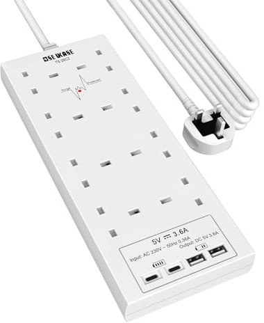 Extension Lead with USB Slots, 8 Way Socket Surge Protection with 4 USB Charger(2C+2A) Multi Plug 2990W Safety Shutter with 4M Extension Cord for TV PC Laptops Tablets