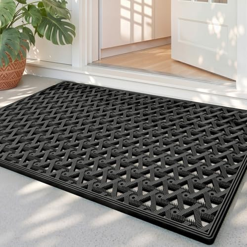 Oakeep Fußmatte für den Außenbereich, mit Drainage, 48 x 76 cm, Gummi, rutschfest, für den Außenbereich, strapazierfähig, wasserdicht, Eingangsmatte für Eingangsbereich, Terrasse, komplett schwarz