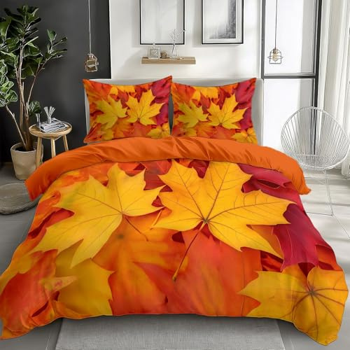Generisch Orange Farbe Bettwäsche 135x200 cm Herbstliche Ahornblätter 3teilig Bettbezüge Set Wende Bettwäsche aus Polyester Baumwolle mit Reißverschluss, Bettwäsche-Sets Weich und Bügelfrei