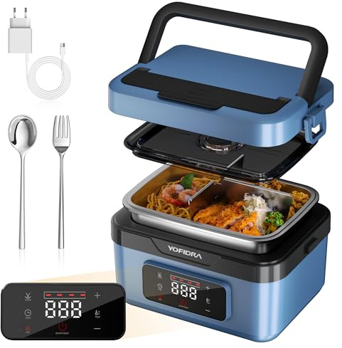 Yofidra Elektrische Lunchbox, Heated Lunch Box 1,5L | mit Akku | Digitalanzeige | IPX4 Wasserdicht | Sofortheizung & Zeitsteuerung | Herausnehmbarer Trennplatte für Arbeit, Reisen & Unterwegs