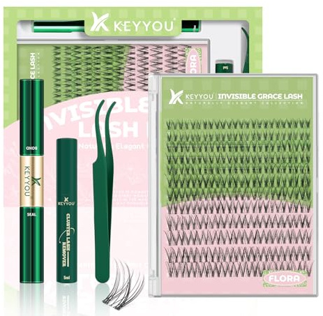 KEYYOU Angel Lash Clusters Kit Manga Wimpernverlängerung D Curl 144Pcs Wispy Natürliche unsichtbare Band Wimpern Kit