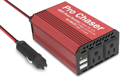 Pro Chaser 400W Car Power Inverter – DC 12V to AC 110V Converter with Dual AC Outlets & 6.2A USB Ports, Ideal for Road Trips, Camping, Small Appliances & Electronics (Red)