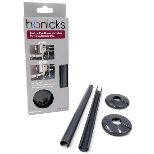 Anthracite Radiator Pipe Covers 15mm x 200mm Collars 2 Pack H3842 Hanicks | Snap-On Central Heating Pipe Cover Kit for Exposed Pipework, Easy Fit Pipe Sleeves for 15mm Radiator and Towel Rail Pipes