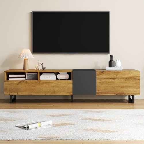BTM Colorblock-TV-Schrank, einfaches Kontrastfarbdesign, DREI Türen und Zwei Fächer, U-förmige Metallbeine, Retro-Holzmaserung