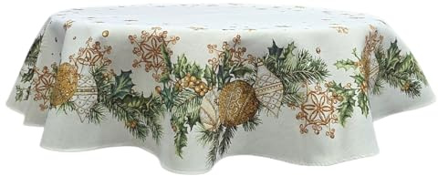 Generico Copritavolo, Tovaglia Rotonda Natalizio Gold Holly, Cuore, Palline, Stelle, Fiocchi di Neve, Pungitopo, Agrifoglio, Bacche oro, Lurex Tessuto Gobelin, dimensione Ø 140cm