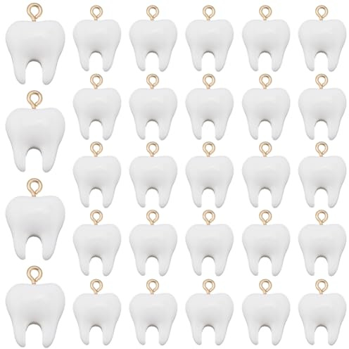 SUNNYCLUE 1 Box 30 Stück Zahnanhänger Aus Kunstharz Weiße Zähne Charms 3D Zahnarztwelt Mundgesundheit Kleine Ornamentanhänger Mit Goldener Eisenschlaufe Für Die Schmuckherstellung Halsketten Ohrringe