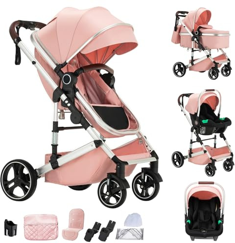 Mobayta Kinderwagen 3 in 1 Kinderwagenset bis 22 kg mit höhenverstellbarem Griff mit Aluminiumrahmen für Neugeborene 0-4 Jahre (PINK-H9, H9)