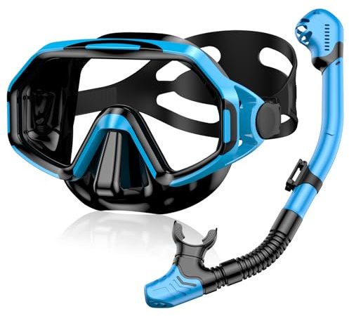 Schnorchelset Erwachsene, Anti-Beschlag Schwimmbrille Aus Gehärtetem Glas & Dry-Top Schnorchel für Herren und Damen, Schnorchelausrüstung für Schwimmen, Tauchen & Schnorcheln