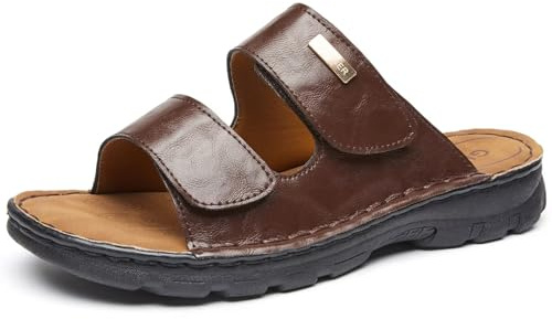 GURGER Sandales Homme en Cuir avec Double Scratch Réglable, Mules Ouvertes Respirantes Confortables Antidérapantes pour Été, Plage, Maison