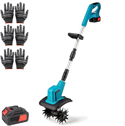 Zappatrice per Terreno A Batteria, Motozappa Elettrica da Giardino da 550 W con 2 * 13000 mAh E 4 Lame in Acciaio al Manganese, Potente Attrezzo da Giardino per Coltivatore per Diserbo E 1 Batteries