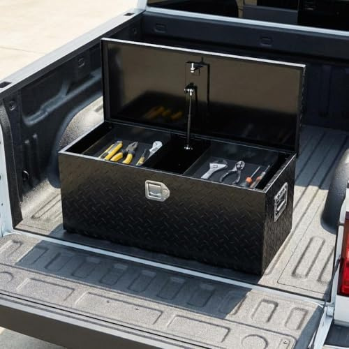 Aptliton Heavy Duty Aluminum Truck Tool Box with Gas Strut & Sliding Divider, Waterproof Pickup Truck Bed Storage Box for Tools Equipment, Black(With 2 Small Box)