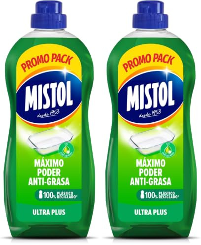 Mistol - Lavavajillas a mano Ultra Plus - Líquido Concentrado 1250mL - Poder Superior Antigrasa y Desincrustante - Efecto Brillante y Antiolor - Biodegradable y Botella Reciclable (Paquete de 2)