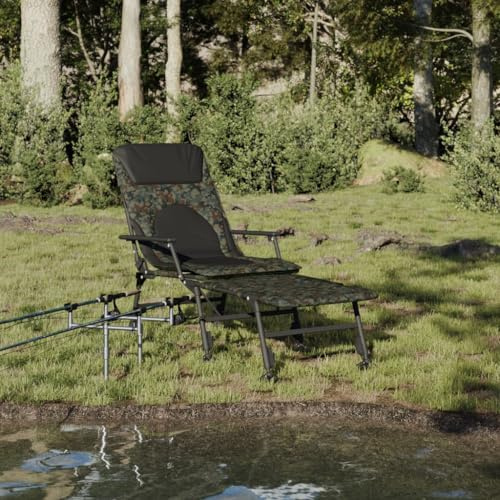 LoogCape Klappbare Angelliege mit Verstellbaren Beinen Tarnmuster, Outdoor Campingbett, Robust Stahl, Komfortable Polster, Vielseitig, Leicht Transportierbar für Angeln, Camping, Terrasse und Balkon