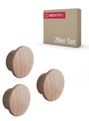 Gedotec Abdeckkappen Loch-Abdeckungen Holz für Blind-Bohrung Ø 10 mm | Massivholz Buche naturbelassen | Gesamt Ø 15 mm | Kappen rund zum Eindrücken | 20 Stück - Endkappen für Möbel & Schrauben-Löcher