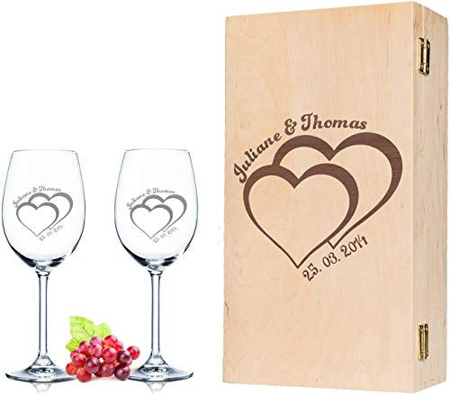 GRAVURZEILE Leonardo Weingläser - Für die Hochzeit - mit Gravur & Name im 2er Set - inkl. gravierter Vintage Holzkiste - schönes Geschenk für Paare als Hochzeitsgeschenk