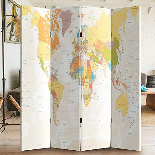 Bakaji Paravento Separè Struttura in Legno Rivestimento in Tela Con Stampa Fronte Retro Mappamondo Divisorio Richiudibile Pieghevole (180 x 160 cm 4 Pannelli)