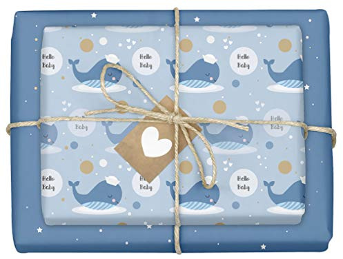 Geschenkpapier zur Geburt für Baby Jungen: 4x Einzelbögen (doppelseitig) + 4x Geschenkanhänger (It's a boy, blau, Wal)