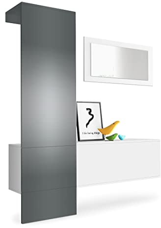 Vladon Carlton Hallway Set 4, Hallway Storage Set with 1 Coat Rack Panel, 1 Cabinet and 1 Wall-Mounted Mirror, White matt/graphite satin-finished (156 x 193 x 35 cm)